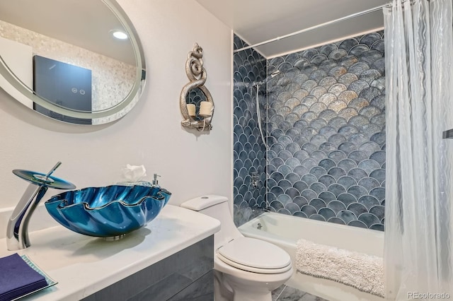 full bathroom with toilet, shower / bathtub combination with curtain, and a sink