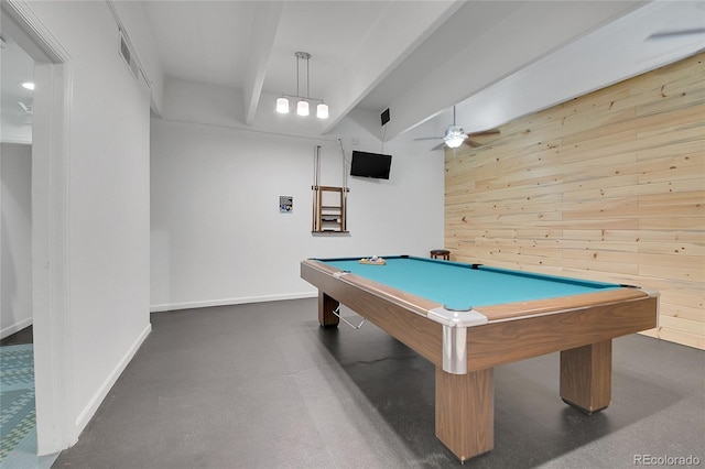 recreation room featuring pool table, wood walls, and baseboards