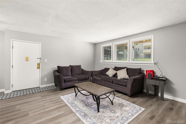 living room with a textured ceiling and hardwood / wood-style flooring