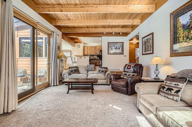 living room featuring beam ceiling, wood ceiling, light colored carpet, and baseboard heating