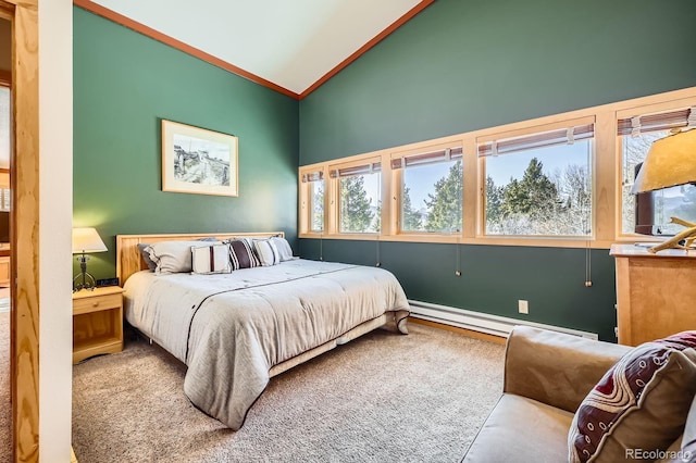 bedroom with crown molding, high vaulted ceiling, and baseboard heating