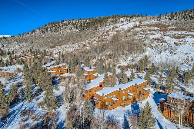 snowy aerial view featuring a mountain view