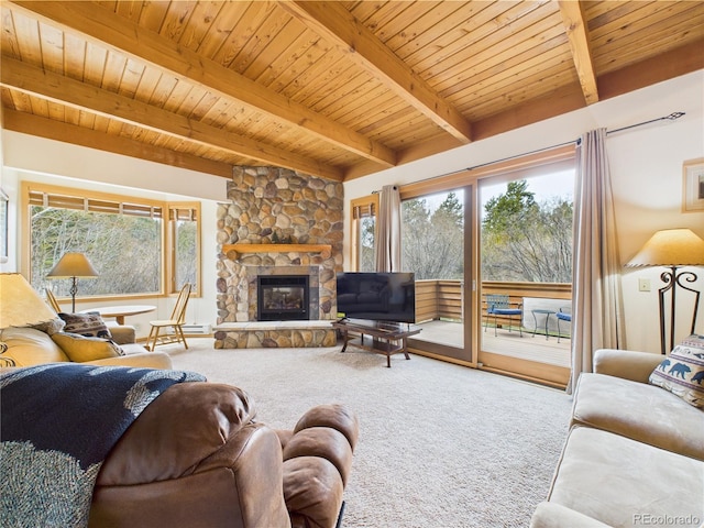 560 Tennis Club Rd Unit 1333, Dillon, CO 80435 - living area with carpet flooring, a wood ceiling with exposed beams, and a stone fireplace