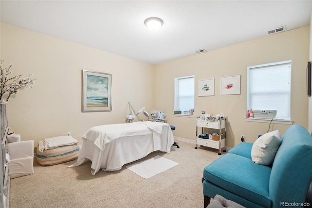 bedroom with multiple windows and carpet floors