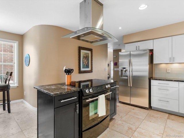 9323 Notts Ct, Lone Tree, CO 80124 - kitchen with stainless steel refrigerator with ice dispenser, island exhaust hood, electric range, white cabinets, and tasteful backsplash