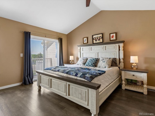 9323 Notts Ct, Lone Tree, CO 80124 - bedroom with access to exterior, vaulted ceiling, dark wood-style flooring, and ceiling fan