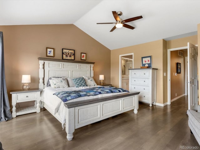 9323 Notts Ct, Lone Tree, CO 80124 - bedroom with lofted ceiling, dark wood-type flooring, a ceiling fan, and connected bathroom