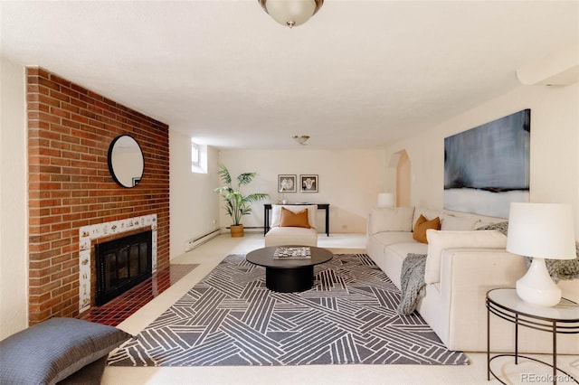 carpeted living room featuring a baseboard radiator, arched walkways, and a brick fireplace