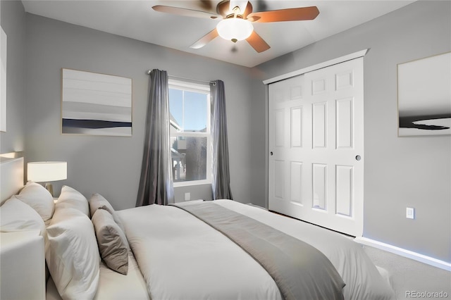 bedroom with ceiling fan and a closet