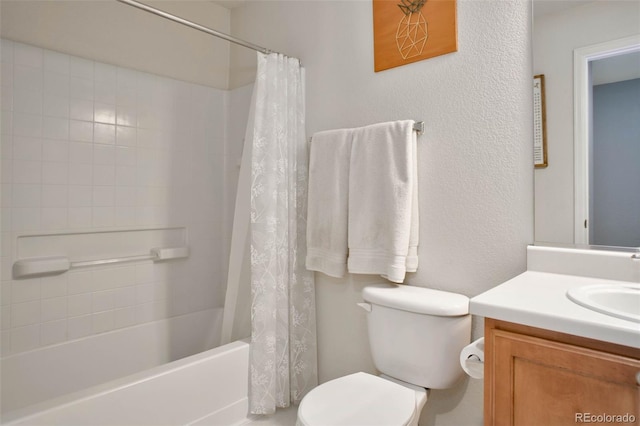 full bathroom with vanity, shower / bath combination with curtain, and toilet