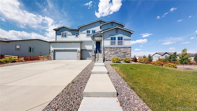 55 Morgan Cir, Erie, CO 80516 - view of front facade with a garage, stone siding, driveway, and board and batten siding