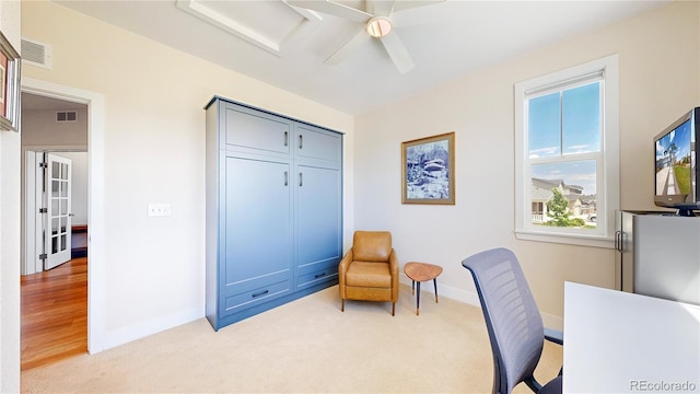 55 Morgan Cir, Erie, CO 80516 - office area featuring light carpet, healthy amount of natural light, a ceiling fan, and attic access