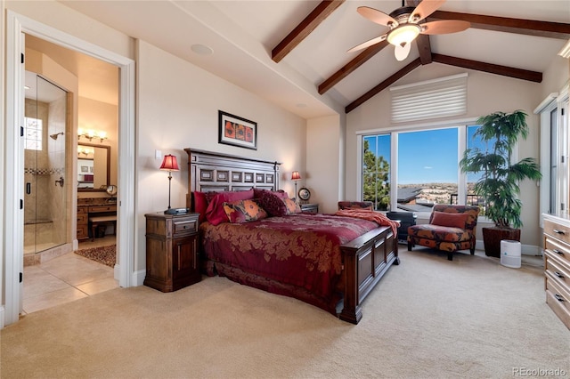 8002 Galileo Way, Littleton, CO 80125 - carpeted bedroom featuring connected bathroom, ceiling fan, beamed ceiling, and high vaulted ceiling