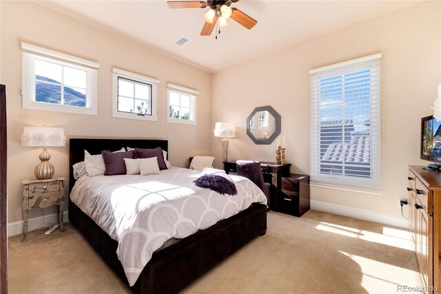 8002 Galileo Way, Littleton, CO 80125 - bedroom with baseboards, visible vents, a ceiling fan, and light colored carpet