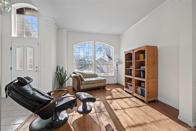 living area with crown molding and wood-type flooring