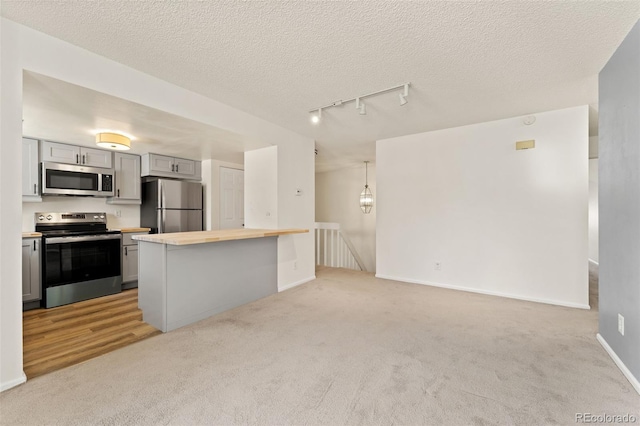 12573 E Pacific Cir Unit C, Aurora, CO 80014 - kitchen featuring appliances with stainless steel finishes, light carpet, gray cabinetry, and a textured ceiling