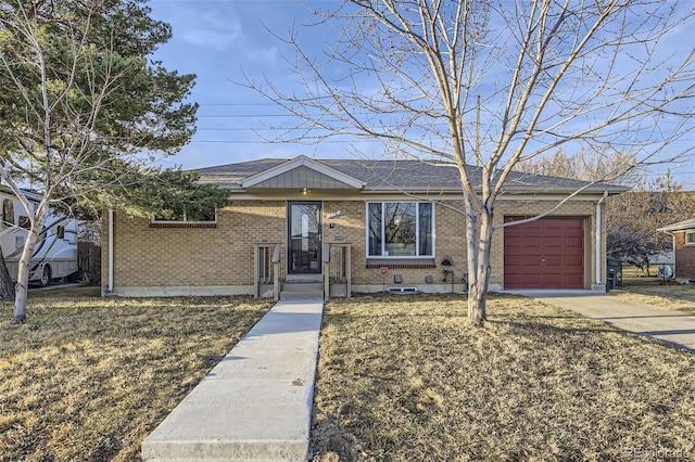 ranch-style house featuring brick siding, concrete driveway, a garage, and a shingled roof