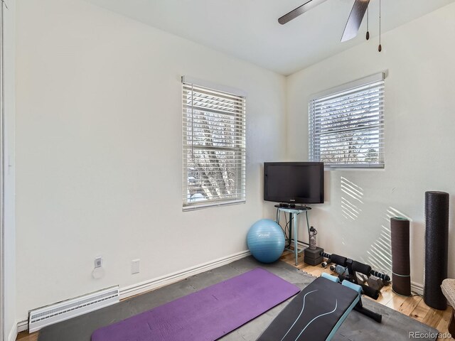 workout room with hardwood / wood-style floors and ceiling fan