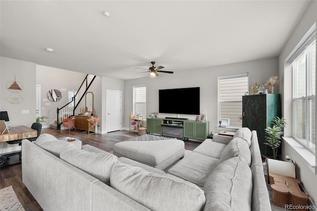 199 Simmental Loop, Castle Rock, CO 80104 - living room with stairs, healthy amount of natural light, and dark wood finished floors