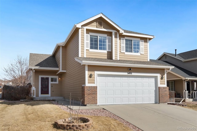 view of front of home with driveway, brick siding, an attached garage, and a shingled roof