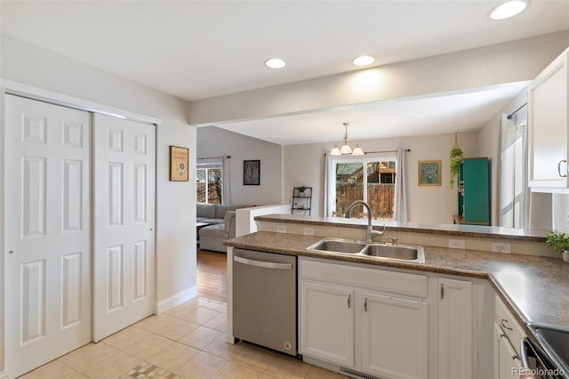 kitchen featuring electric stove, a sink, white cabinetry, a peninsula, and dishwasher