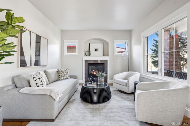 living area with a fireplace, wood finished floors, and baseboards