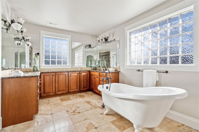 bathroom with a freestanding tub and vanity