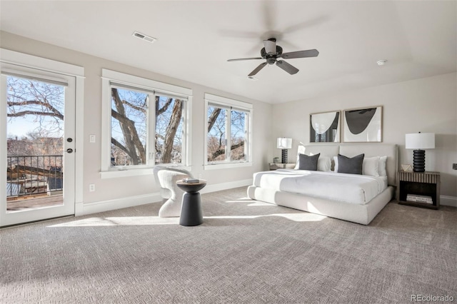 bedroom with access to exterior, carpet, baseboards, and a ceiling fan