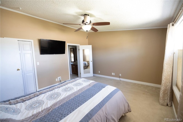 112 8th St, Hugo, CO 80821 - bedroom with light colored carpet, crown molding, a textured ceiling, baseboards, and a ceiling fan