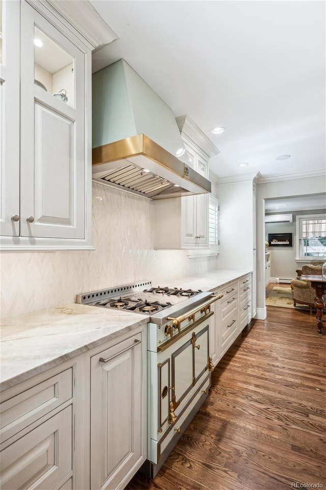 kitchen with dark wood finished floors, crown molding, tasteful backsplash, white cabinetry, and exhaust hood