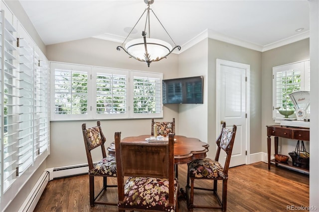 dining area with vaulted ceiling, baseboard heating, ornamental molding, and dark wood finished floors