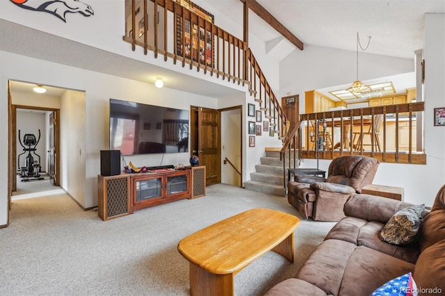 living area featuring stairs, high vaulted ceiling, beam ceiling, and light colored carpet