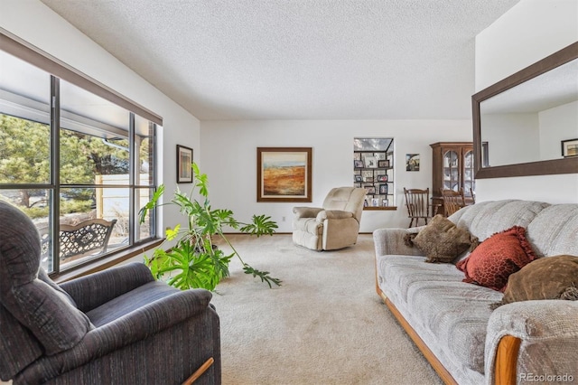 living area featuring carpet flooring and a textured ceiling