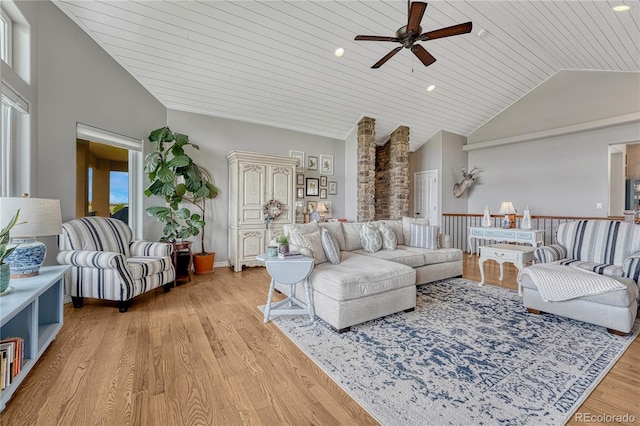 16256 Ridge Run Dr, Colorado Springs, CO 80908 - living room featuring ceiling fan, wooden ceiling, light wood-style floors, and high vaulted ceiling