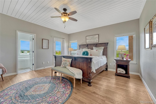 16256 Ridge Run Dr, Colorado Springs, CO 80908 - bedroom with wood ceiling, light wood-type flooring, a ceiling fan, ensuite bathroom, and baseboards