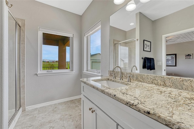 16256 Ridge Run Dr, Colorado Springs, CO 80908 - bathroom with a shower stall, baseboards, healthy amount of natural light, and vanity