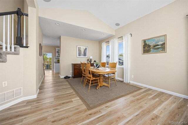 4467 Trailside Ln, Castle Rock, CO 80109 - dining space featuring lofted ceiling, light wood-style floors, baseboards, and recessed lighting