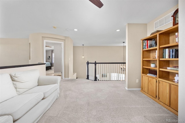 4467 Trailside Ln, Castle Rock, CO 80109 - sitting room with a ceiling fan, carpet flooring, recessed lighting, an upstairs landing, and baseboards