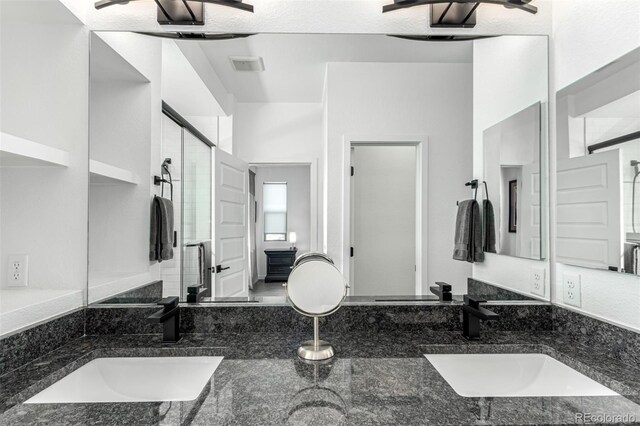 bathroom with a shower stall and vanity