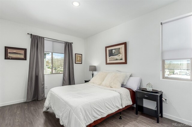 bedroom featuring multiple windows, wood finished floors, baseboards, and recessed lighting