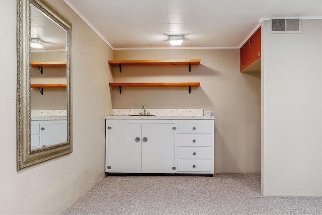 interior space featuring light carpet, crown molding, and sink