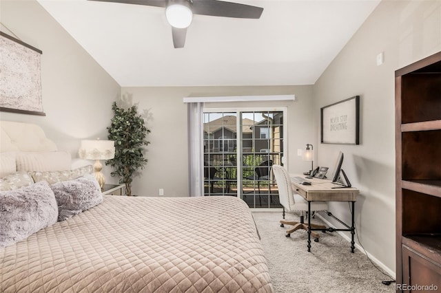 2955 Blue Sky Cir Unit 6-307, Erie, CO 80516 - carpeted bedroom with access to exterior, vaulted ceiling, a desk, and ceiling fan
