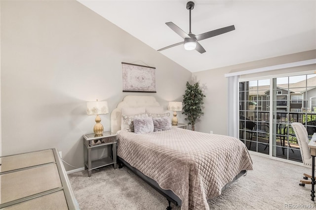 2955 Blue Sky Cir Unit 6-307, Erie, CO 80516 - bedroom featuring carpet flooring, vaulted ceiling, access to outside, and a ceiling fan