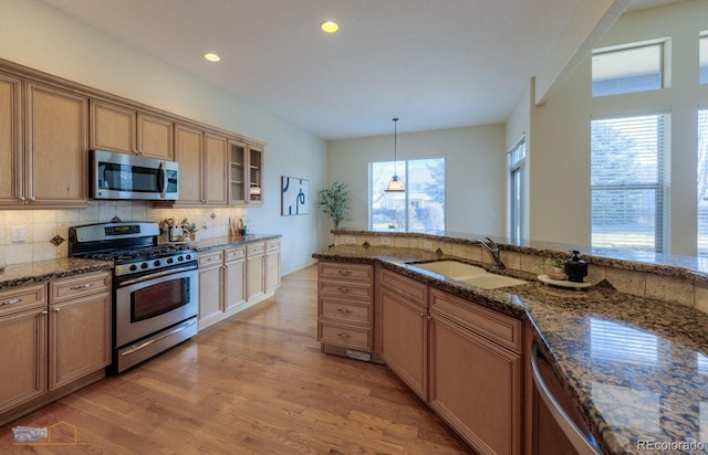 kitchen with decorative light fixtures, sink, decorative backsplash, stainless steel appliances, and light wood-type flooring