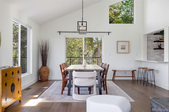 dining room featuring baseboards, high vaulted ceiling, a healthy amount of sunlight, and wood finished floors