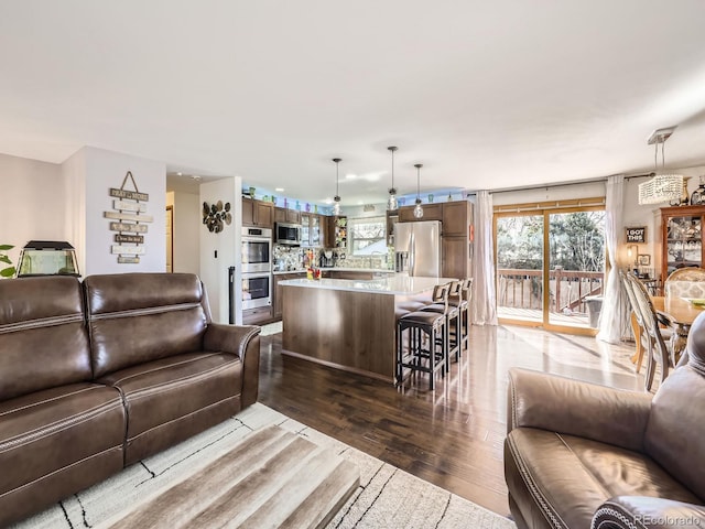 living area with dark wood-type flooring and plenty of natural light