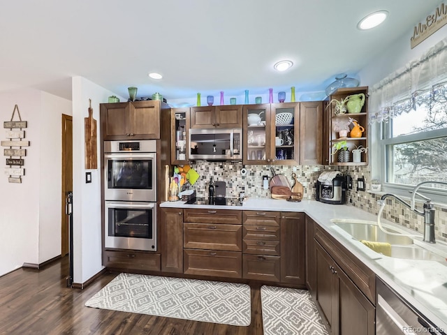 kitchen featuring open shelves, tasteful backsplash, appliances with stainless steel finishes, glass insert cabinets, and a sink