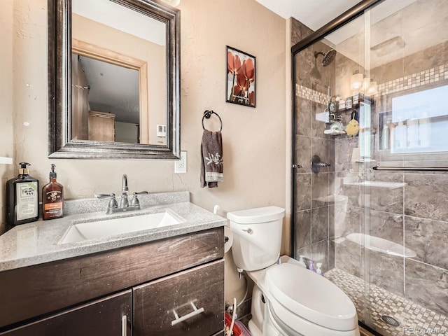 bathroom with toilet, a shower stall, and vanity