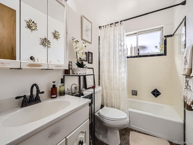 bathroom with toilet, shower / tub combo, and vanity