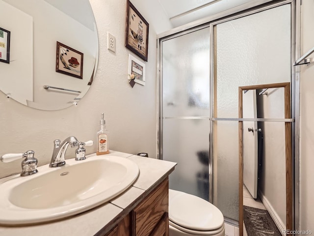 bathroom with a shower stall, toilet, and vanity